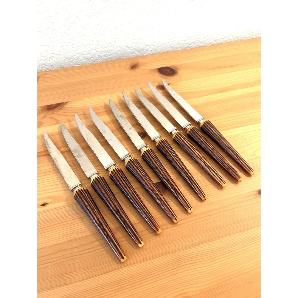9 VTG Lifetime Cutlery Sheffield England Bakelite Faux Horn Steak Knives